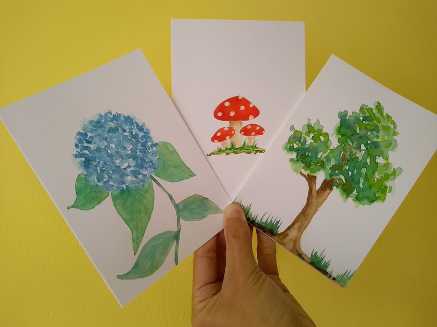 Set of 3 Hand Painted Original Watercolour Greetings Cards Note cards