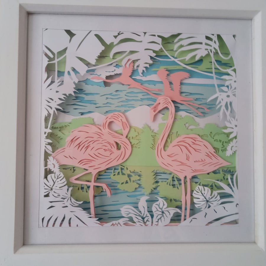"Flamingos" Handcut Lightup Framed Layered  Papercut Picture