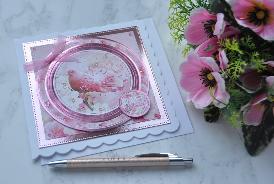 Birthday Card On Your Birthday Pink Bird Cherry Blossom 3D Luxury Handmade