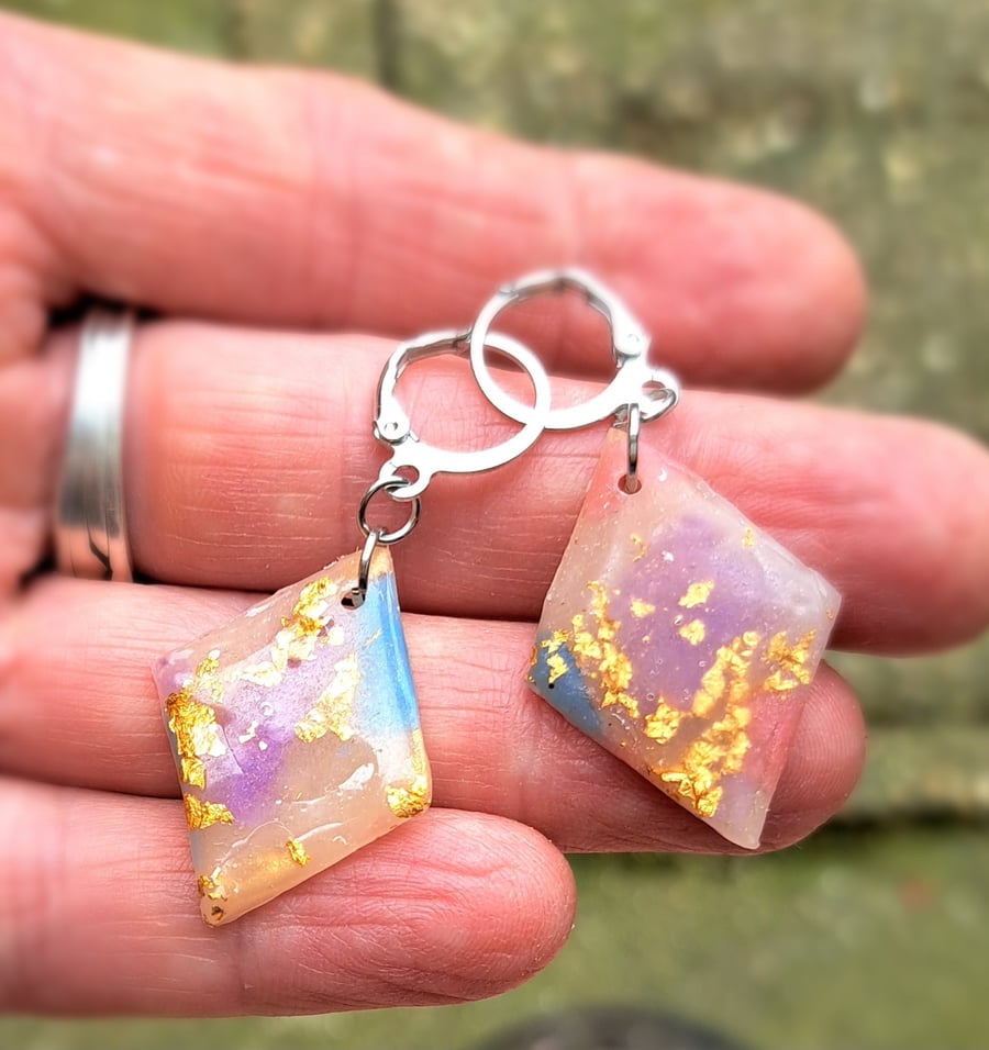 Diamond shaped earrings, lightweight, gold leaf, purple and blue translucent