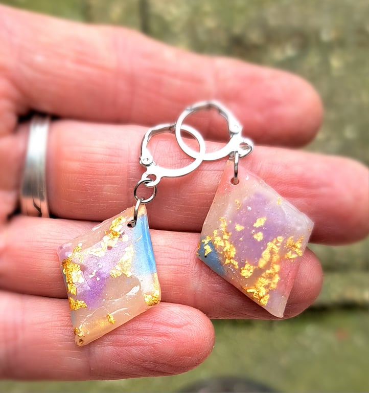 Diamond shaped earrings, lightweight, gold leaf, purple and blue translucent