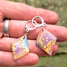 Diamond shaped earrings, lightweight, gold leaf, purple and blue translucent