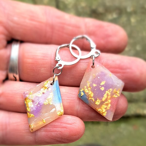 Diamond shaped earrings, lightweight, gold leaf, purple and blue translucent