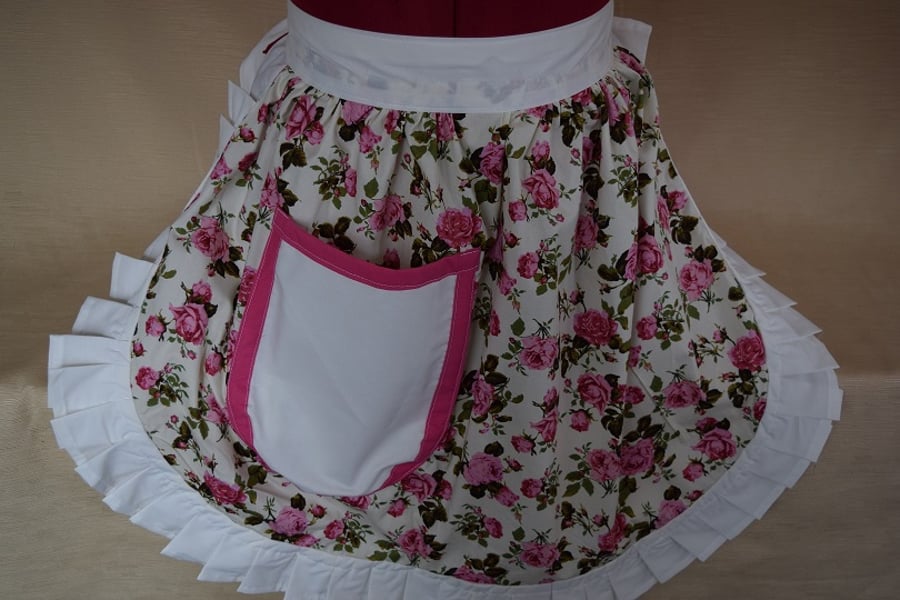 Vintage 50s Style Half Apron Pinny - Pink Roses with Cream Trim