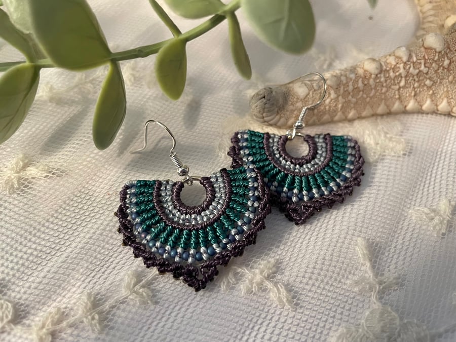 Beaded macrame boho fan shape dangle earrings 