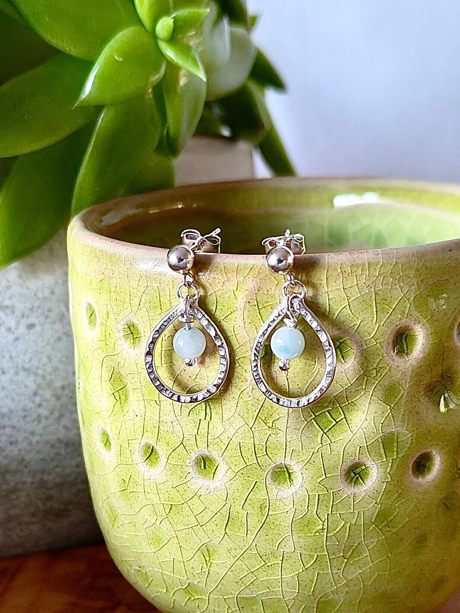 Sterling Silver Hammered Teardrop Earrings with Amazonite Gemstones