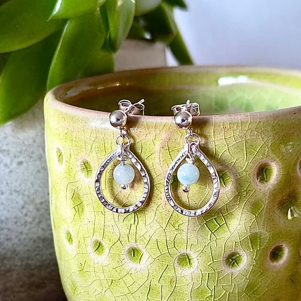 Sterling Silver Hammered Teardrop Earrings with Amazonite Gemstones
