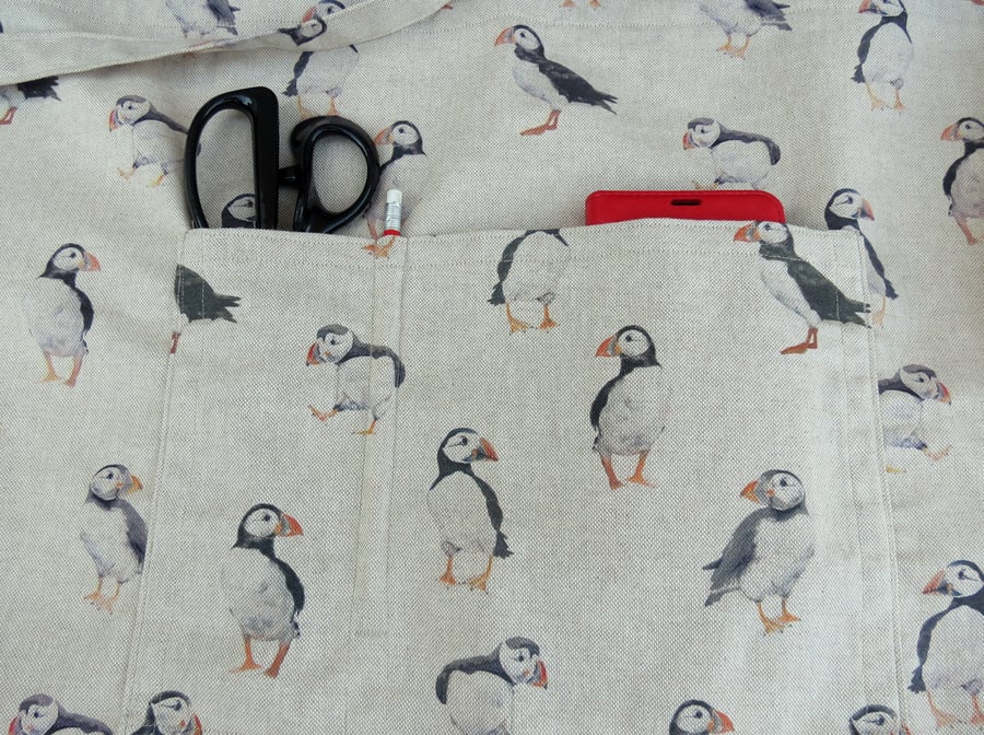 Vendor apron, craft apron, puffins, half apron