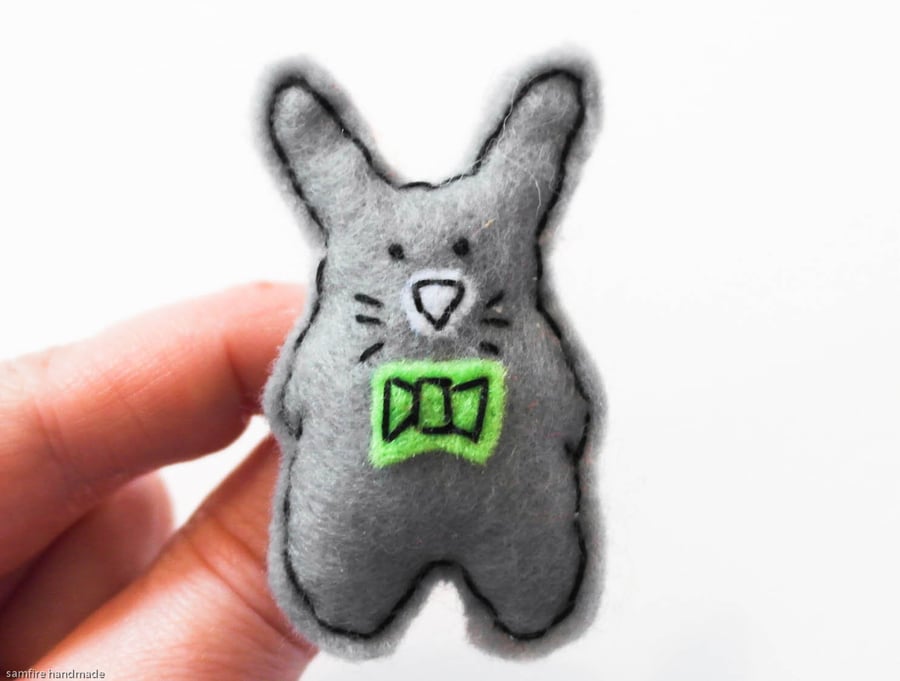 Cute grey rabbit in a bow tie Easter gift, Bunny brooch, Gift for a rabbit lover