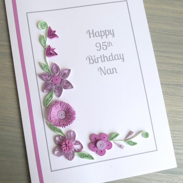 95th birthday card, personalised, handmade with quilled lilac flowers
