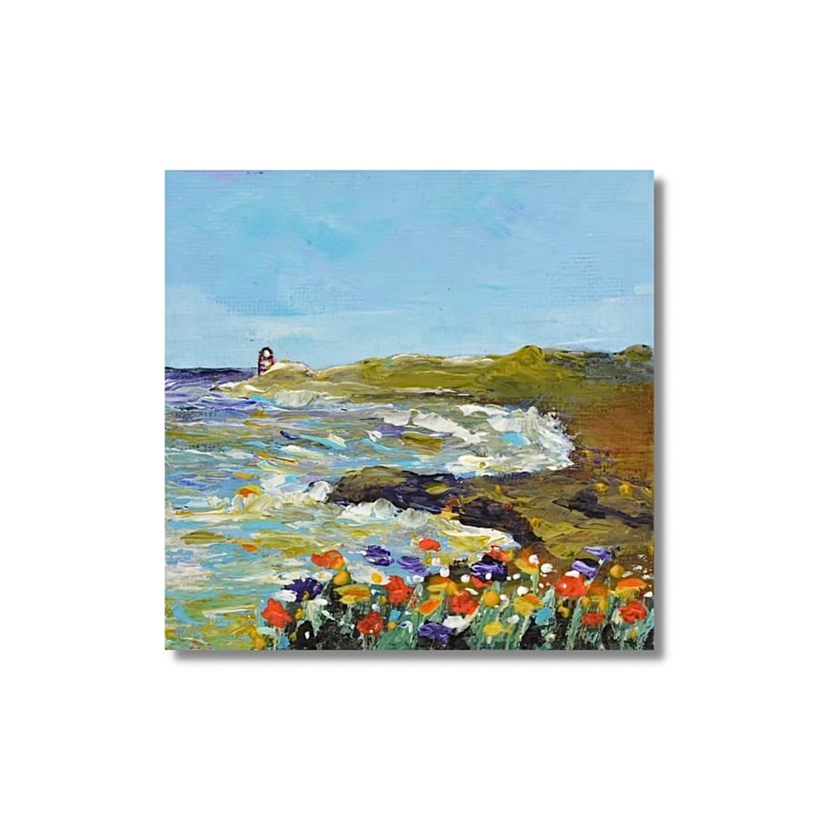 A Mini Painting of a Scottish Coastline & Lighthouse. Ready to Hang.