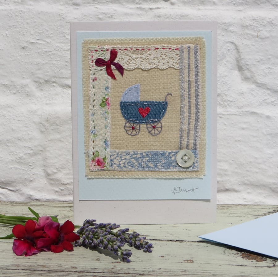 Little Blue Pram hand-stitched card for a baby boy - a card to keep!