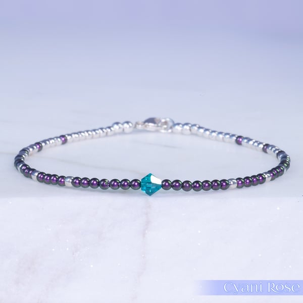 Bracelet dainty sterling silver & Swarovski glass pearl symmetric pattern 