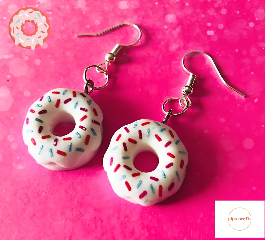 Colourful Doughnut Earrings White Sprinkles, 925 Silver Hooks, Fun Jewellery