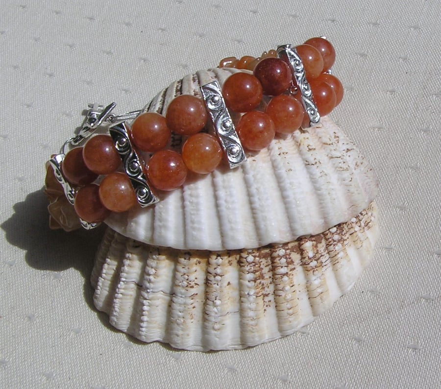 Orange Sunstone & Peach Aventurine Gemstone Beaded Bracelet