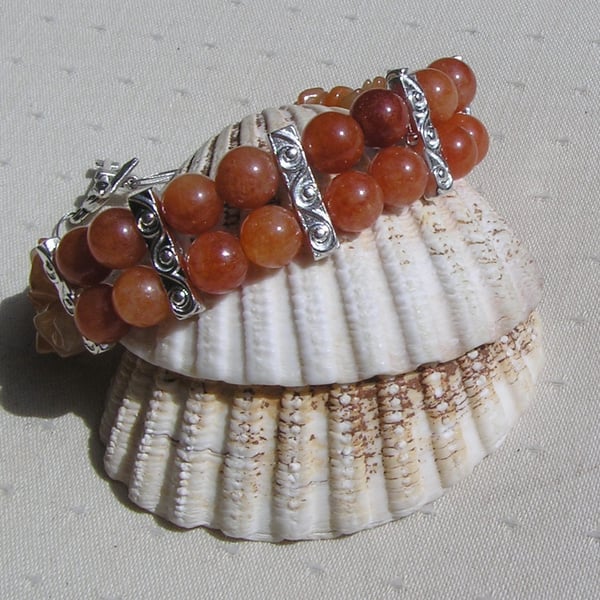 Orange Sunstone & Peach Aventurine Gemstone Beaded Bracelet