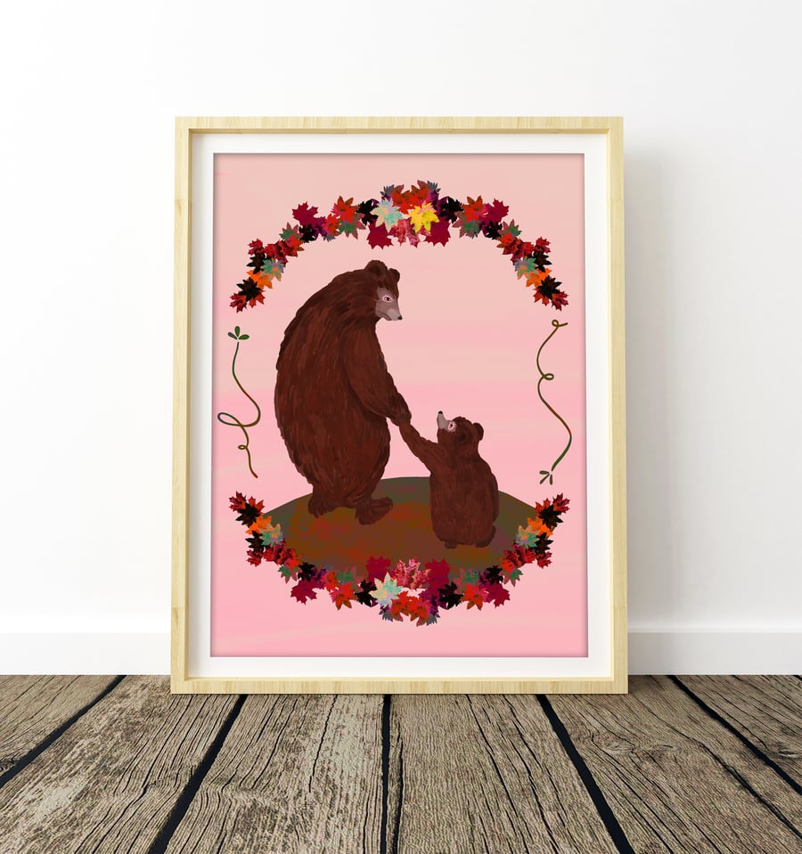 Woodland Bear Pink Nursery Print