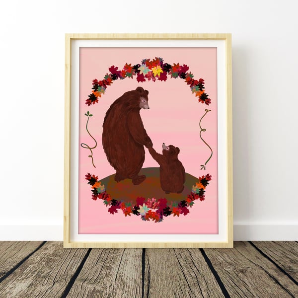 Woodland Bear Pink Nursery Print