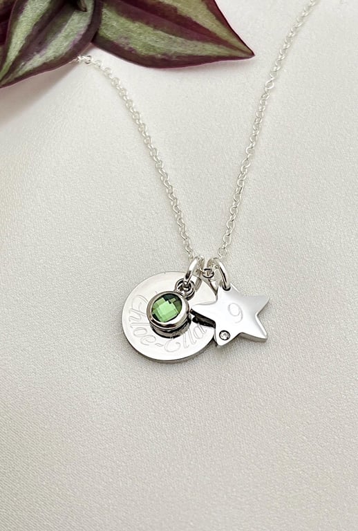 Silver 9th Birthday Name Age & Birthstone Necklace & Star