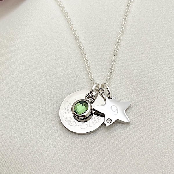 Silver 9th Birthday Name Age & Birthstone Necklace & Star