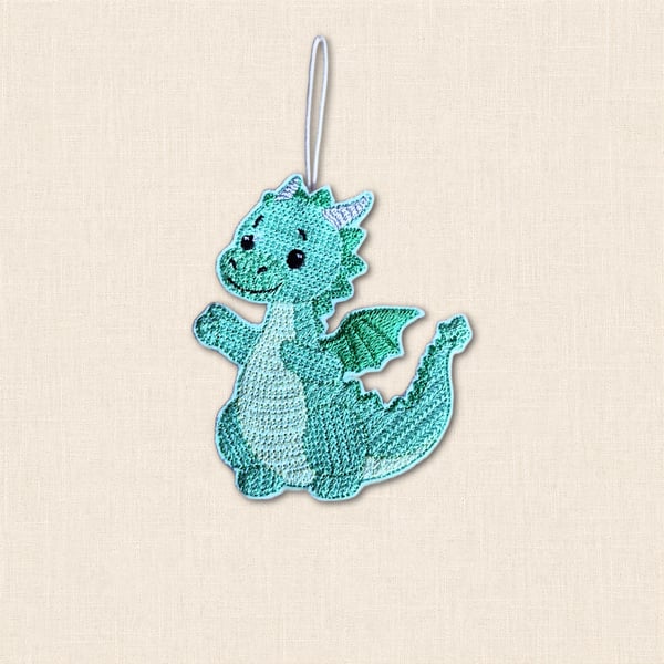 Knit Stitch Dragon Decoration - Embroidered Felt Hanging Decor