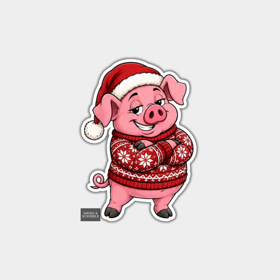 Unique Funny Christmas Sticker Xmas Decal - Cute Cheeky Pig In Jumper