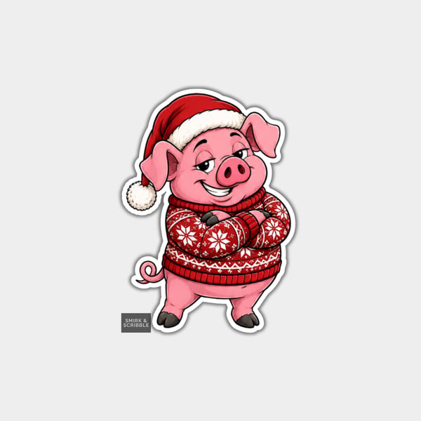 Unique Funny Christmas Sticker Xmas Decal - Cute Cheeky Pig In Jumper