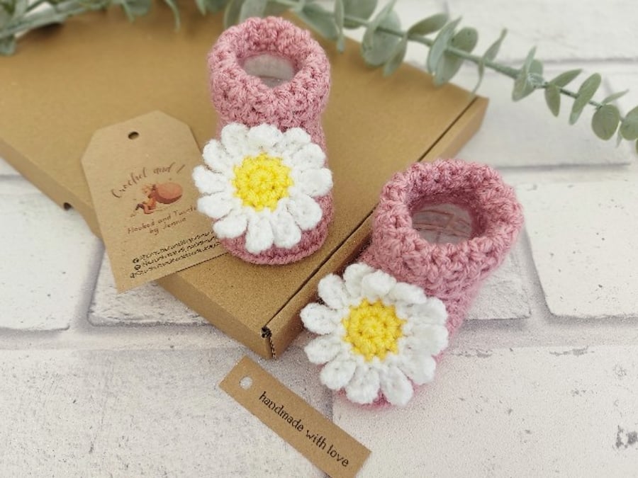 Pink Daisy Crochet Baby Booties, Sizes Newborn To 18 Months