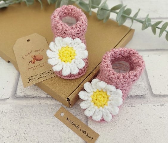 Pink Daisy Crochet Baby Booties, Sizes Newborn To 18 Months