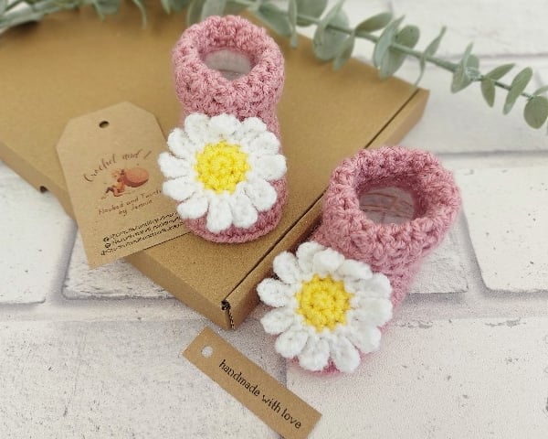 Pink Daisy Crochet Baby Booties, Sizes Newborn To 18 Months