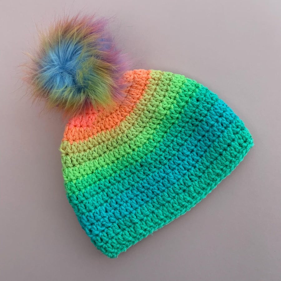Neon Bright Rainbow Bobble Hat, Fluorescent Hat, Warm Winter Hat, Girls Hat,