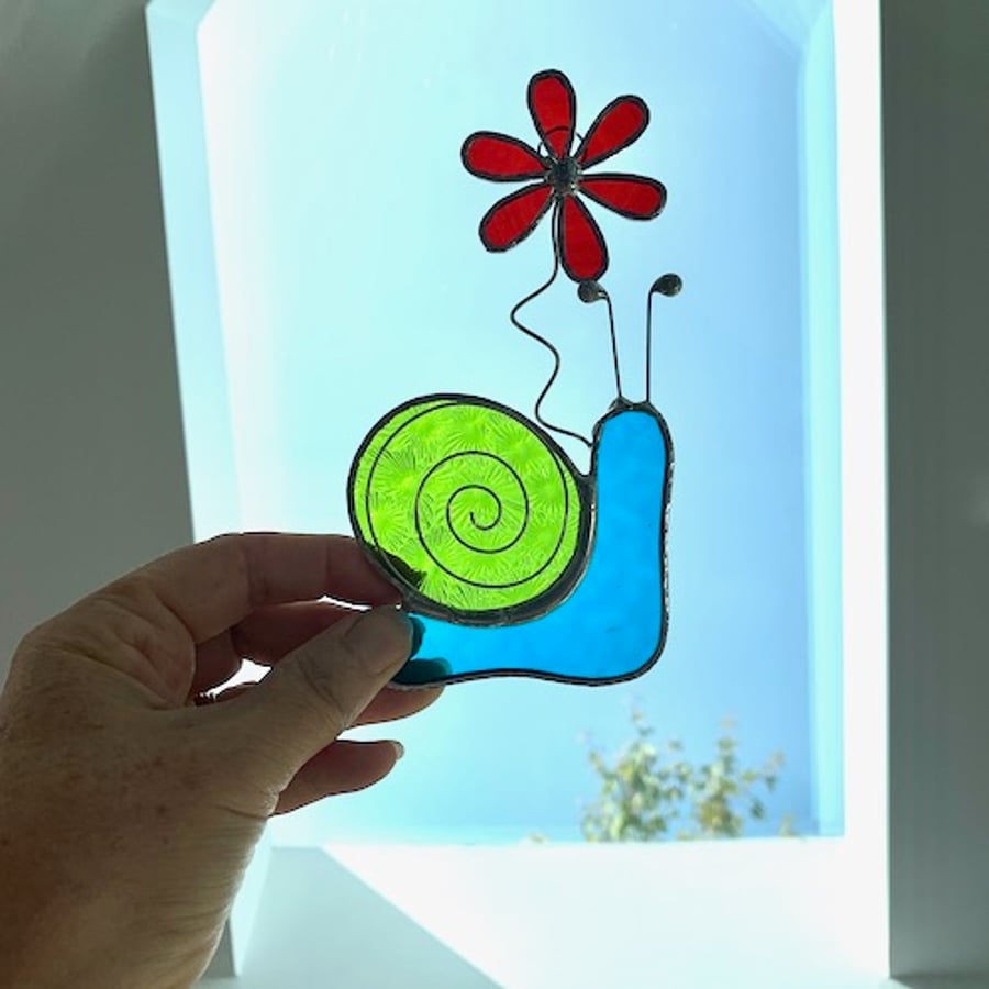 Stained Glass Snail Suncatcher - Handmade Window Decoration - Turquoise and Lime