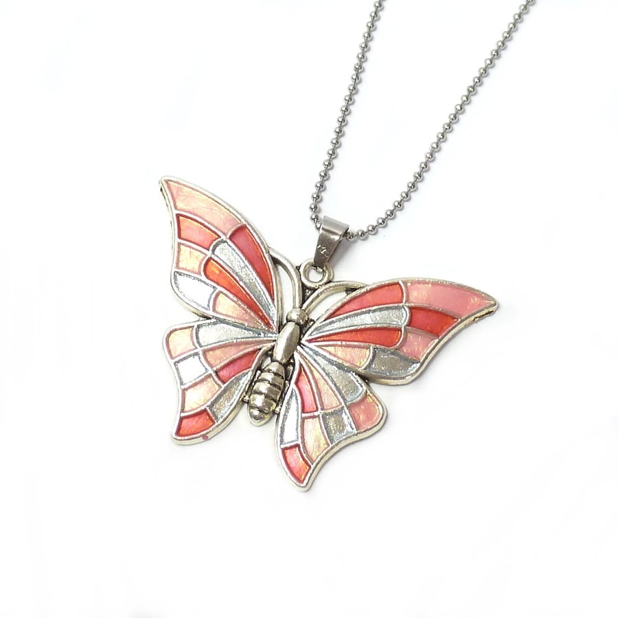 Pink butterfly necklace, pretty butterfly pendant in pink and silver