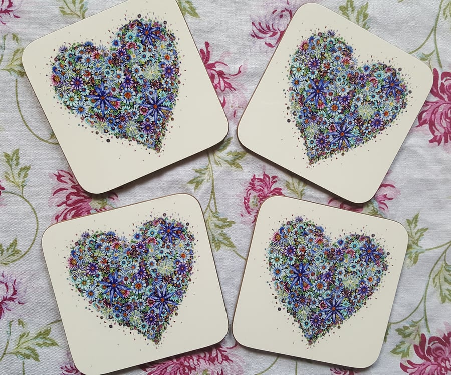 Blue Floral Heart x 4 Coasters