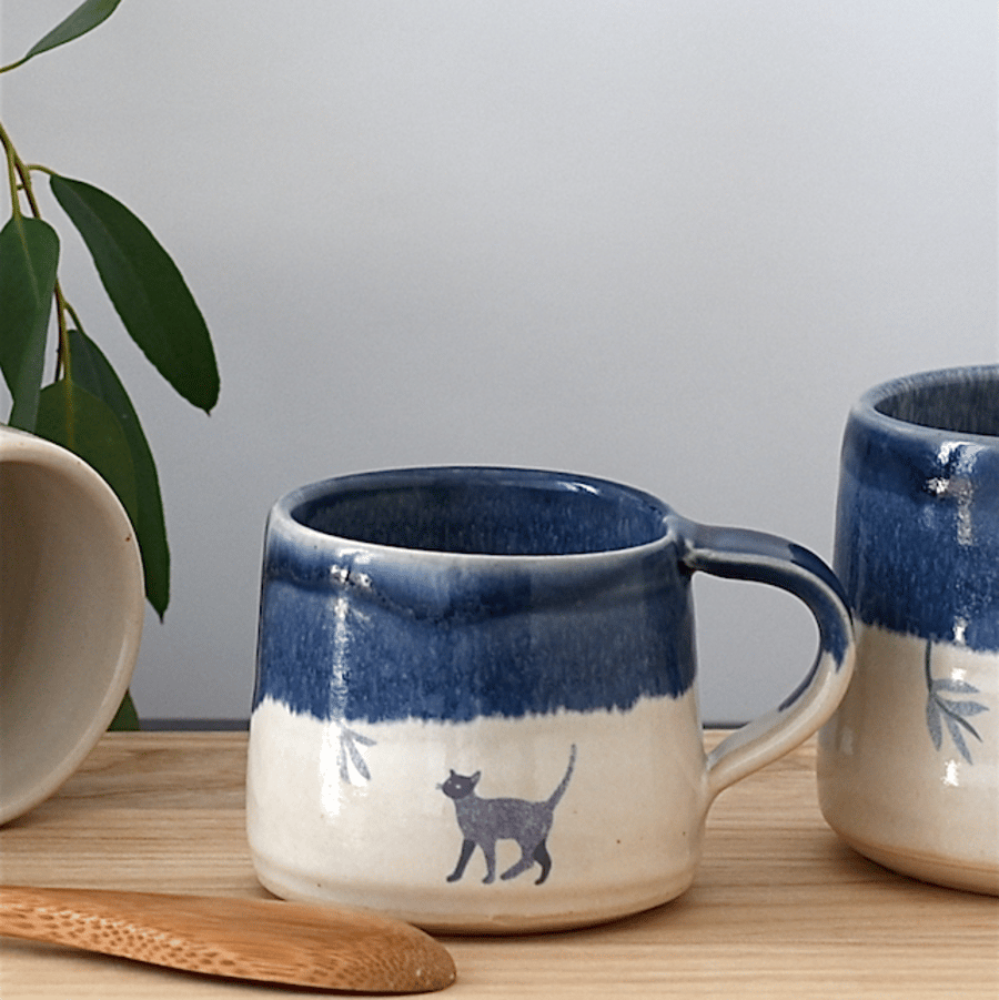 Blue and white ceramic cat espresso cup - handmade illustrated pottery