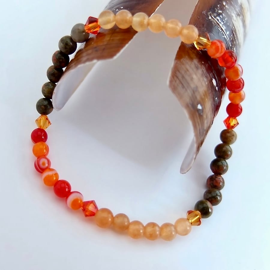 "Autumn colours" Bracelet with Agate, Swarovski Crystal, Aventurine & Unakite.
