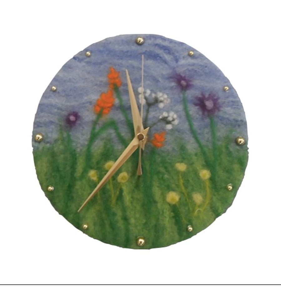 Hand felted clock 20cm with wild flower design