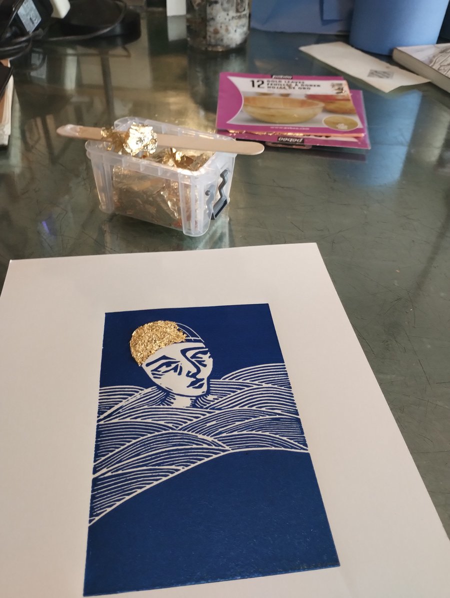 Swimmer lino print, blue with gold cap, limited edition.