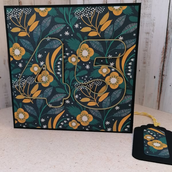 45th Birthday Card, Teal and Mustard Floral