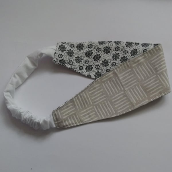Grey Patterned and Black Floral Reversible Headband