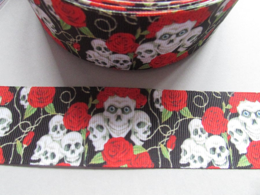 Skull and Red Roses 3.7cm Grosgrain Ribbon x 1 metre