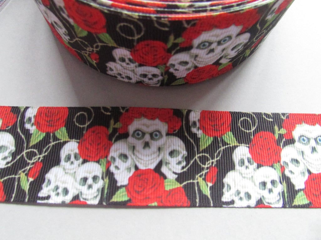 Skull and Red Roses 3.7cm Grosgrain Ribbon x 1 metre