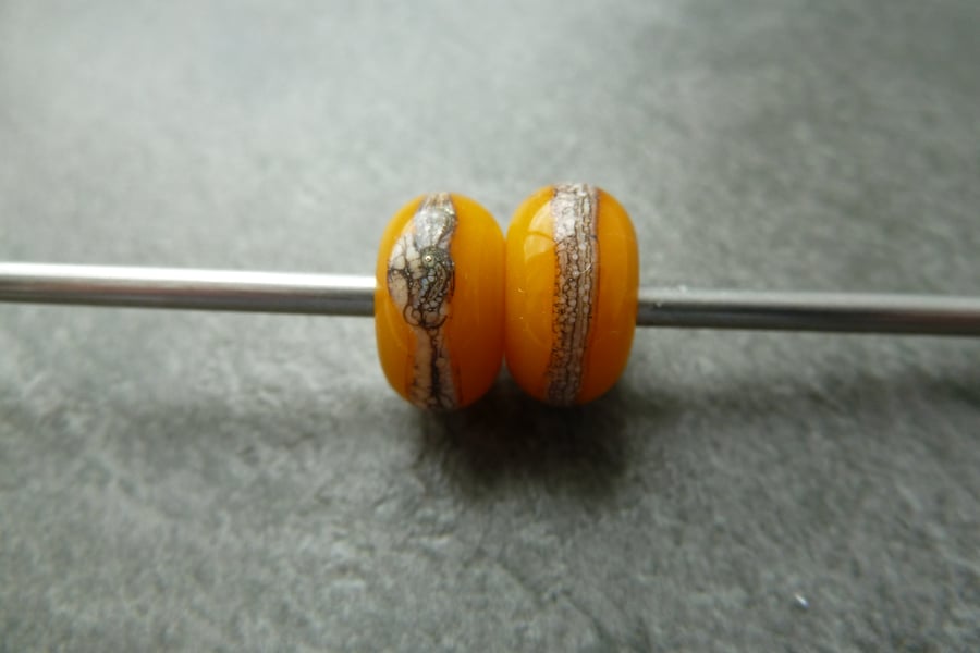yellow orange lampwork glass bead pair