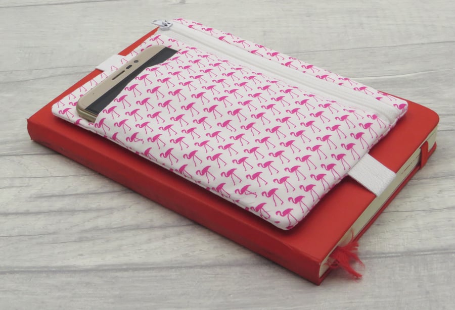 Zipped Bullet Journal Pouch with front pocket in Flamingo print