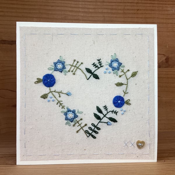 Floral Heart in blues hand embroidered card