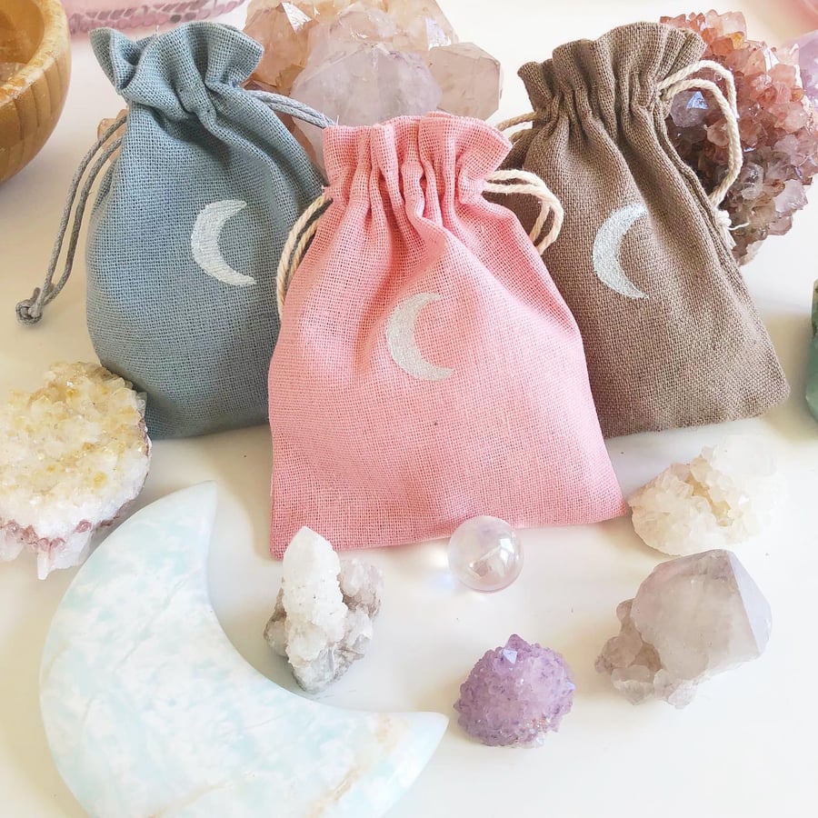 Gift Bag for Crystals, Cotton drawstring Gift Bag , Hand painted Moon Linen bag
