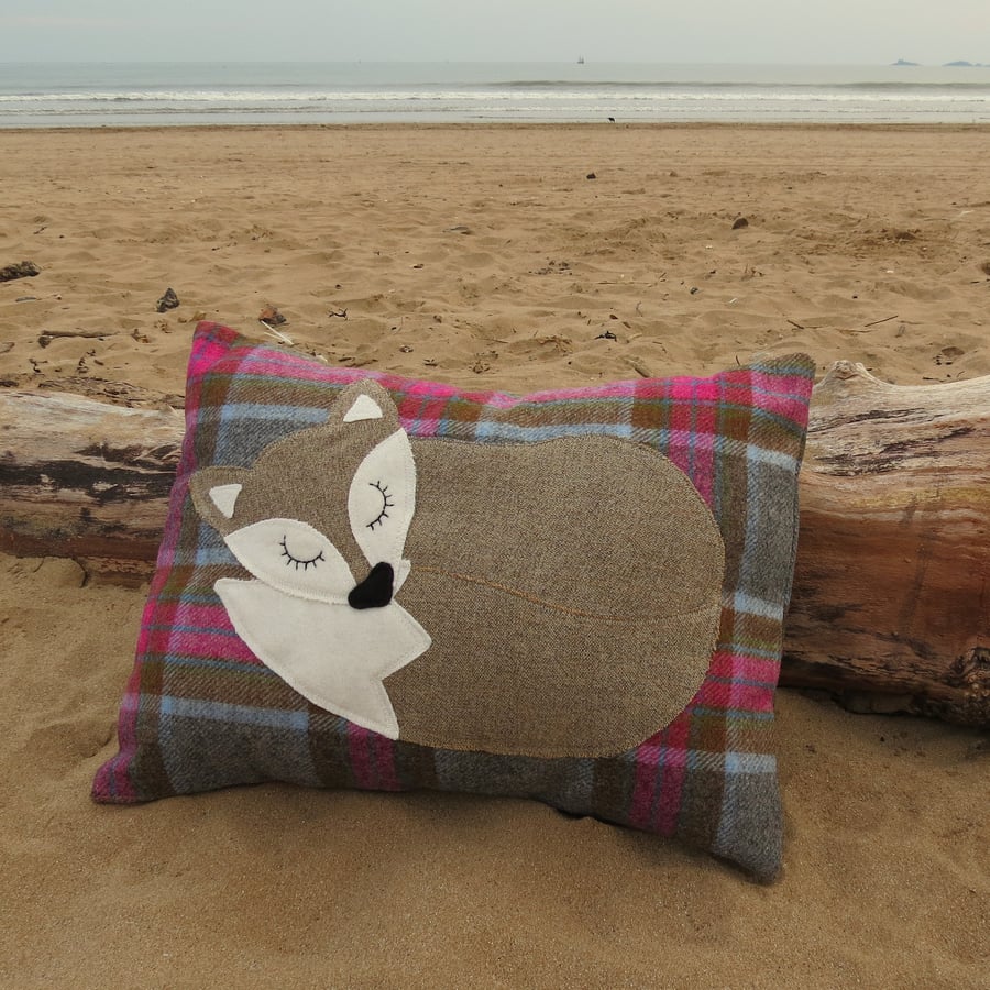 A snoozy fox on tartan wool.  A fox cushion complete with cushion pad.