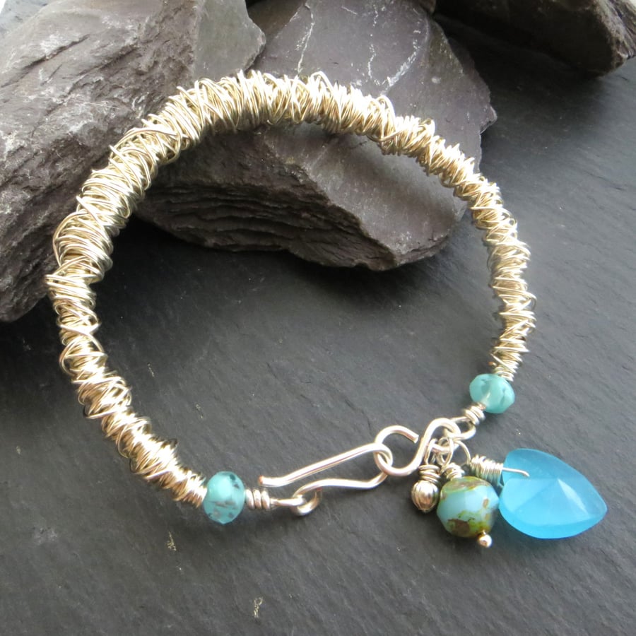 Bangle, Silver and Turquoise Wire Wrapped Bracelet, Bright Blue Bangle, OOAK