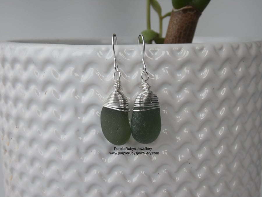 Deep Green Cornish Sea Glass Earrings, Sterling Silver E530