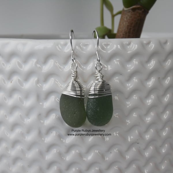 Deep Green Cornish Sea Glass Earrings, Sterling Silver E530